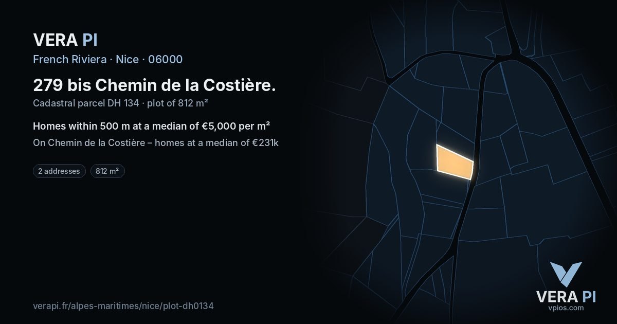 279 bis Chemin de la Costière, Nice at night – the plot lit, the parcels around coloured by the prices near them