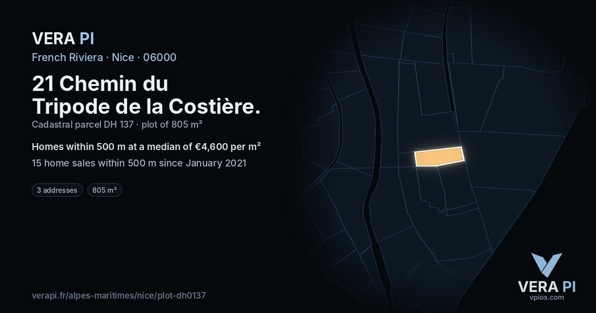 21 Chemin du Tripode de la Costière, Nice at night – the plot lit, the parcels around coloured by the prices near them
