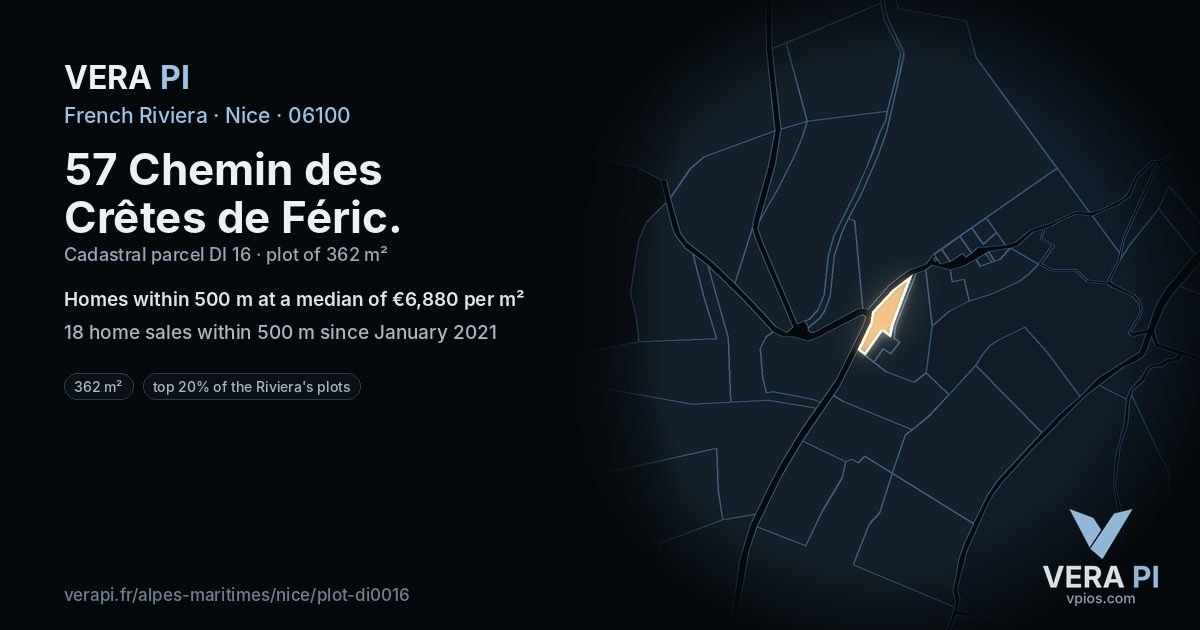 57 Chemin des Crêtes de Féric, Nice at night – the plot lit, the parcels around coloured by the prices near them