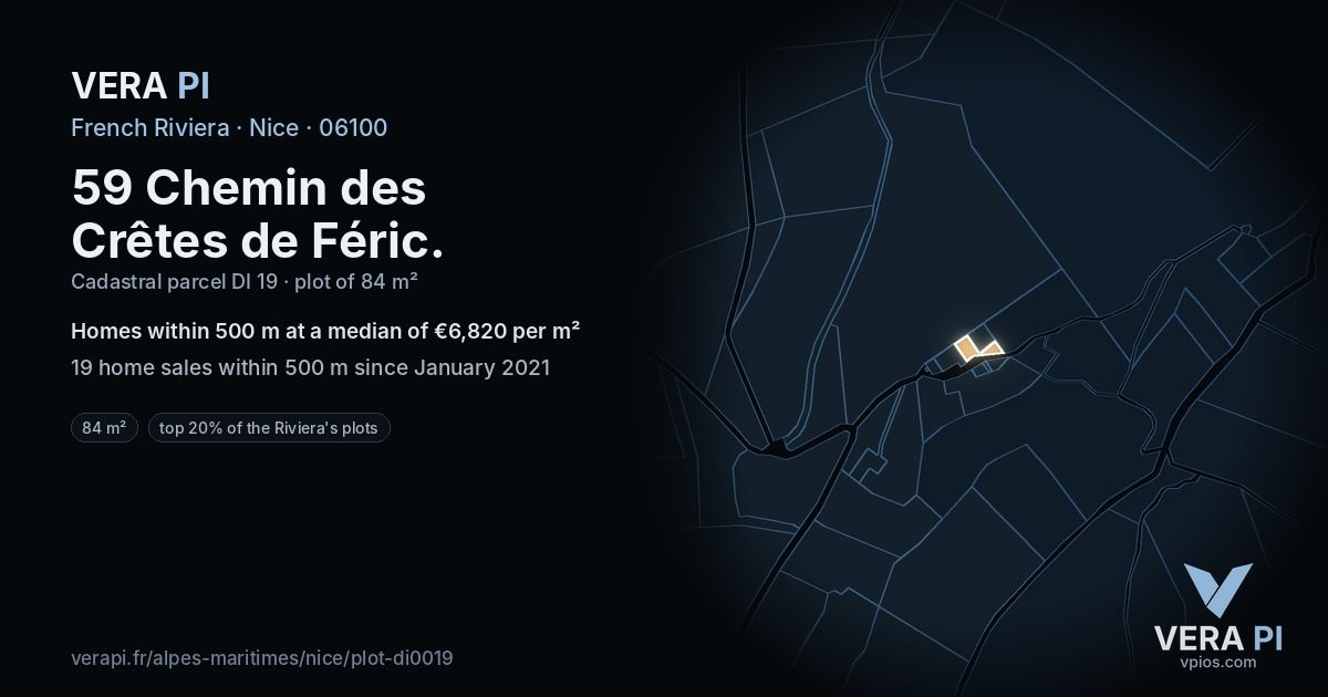 59 Chemin des Crêtes de Féric, Nice at night – the plot lit, the parcels around coloured by the prices near them