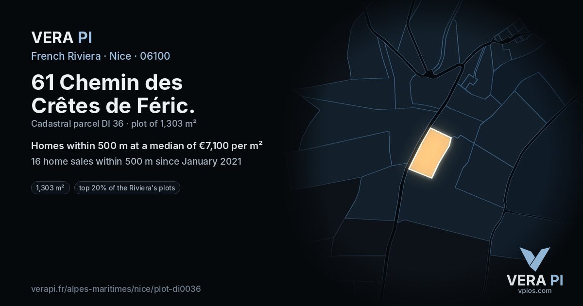 61 Chemin des Crêtes de Féric, Nice at night – the plot lit, the parcels around coloured by the prices near them