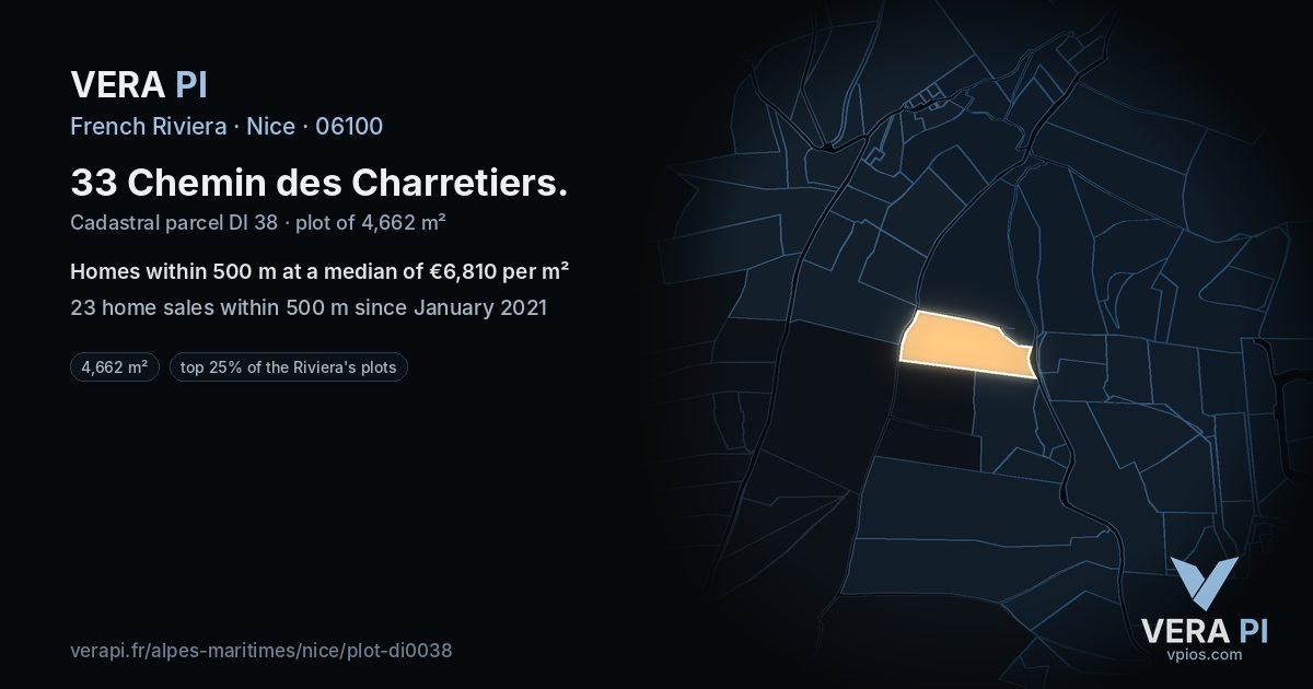 33 Chemin des Charretiers, Nice at night – the plot lit, the parcels around coloured by the prices near them