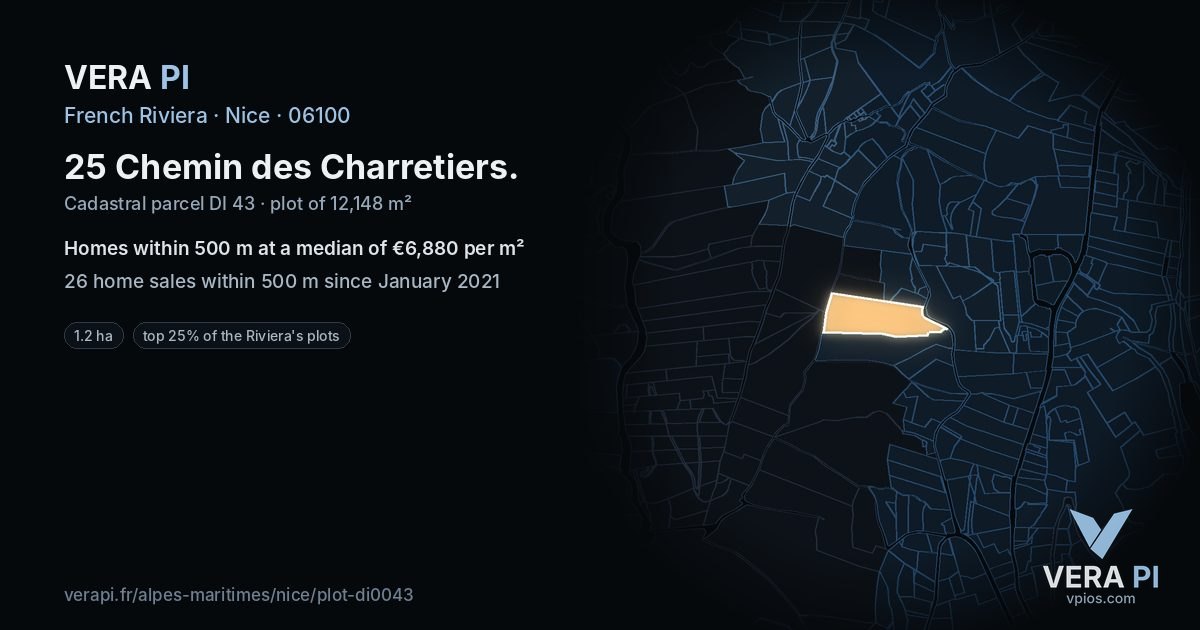 25 Chemin des Charretiers, Nice at night – the plot lit, the parcels around coloured by the prices near them