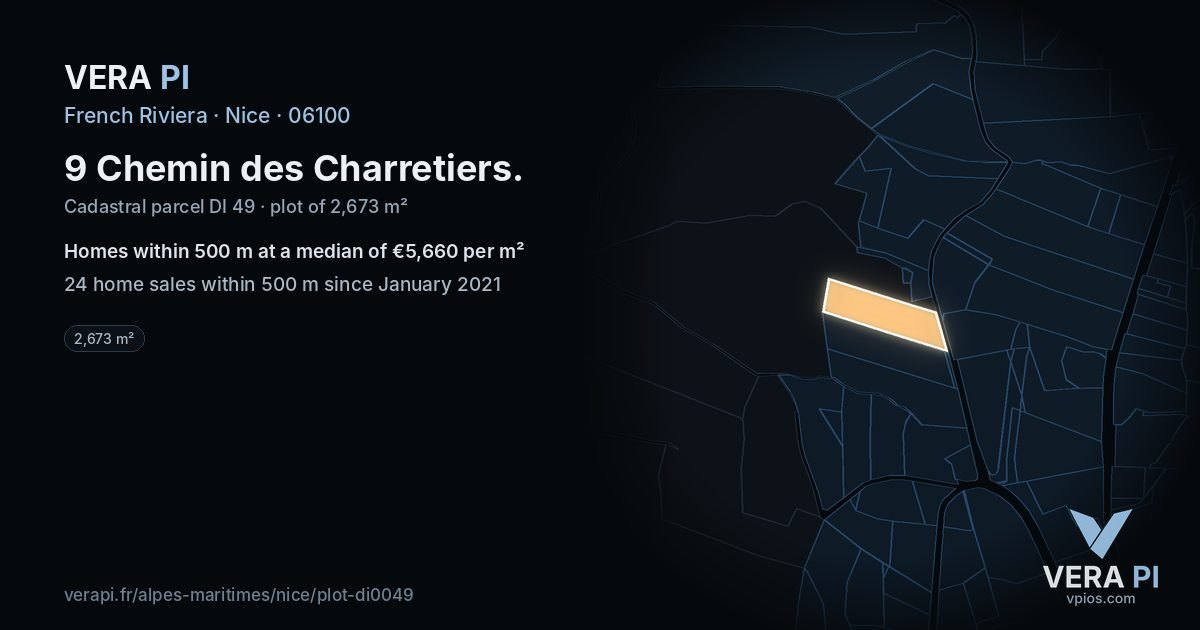 9 Chemin des Charretiers, Nice at night – the plot lit, the parcels around coloured by the prices near them