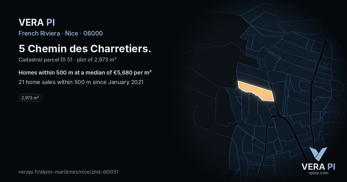 5 Chemin des Charretiers, Nice at night – the plot lit, the parcels around coloured by the prices near them