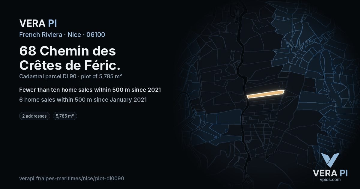 68 Chemin des Crêtes de Féric, Nice at night – the plot lit, the parcels around coloured by the prices near them