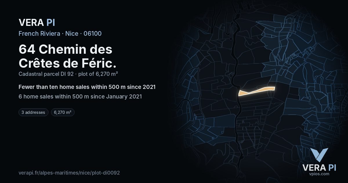 64 Chemin des Crêtes de Féric, Nice at night – the plot lit, the parcels around coloured by the prices near them
