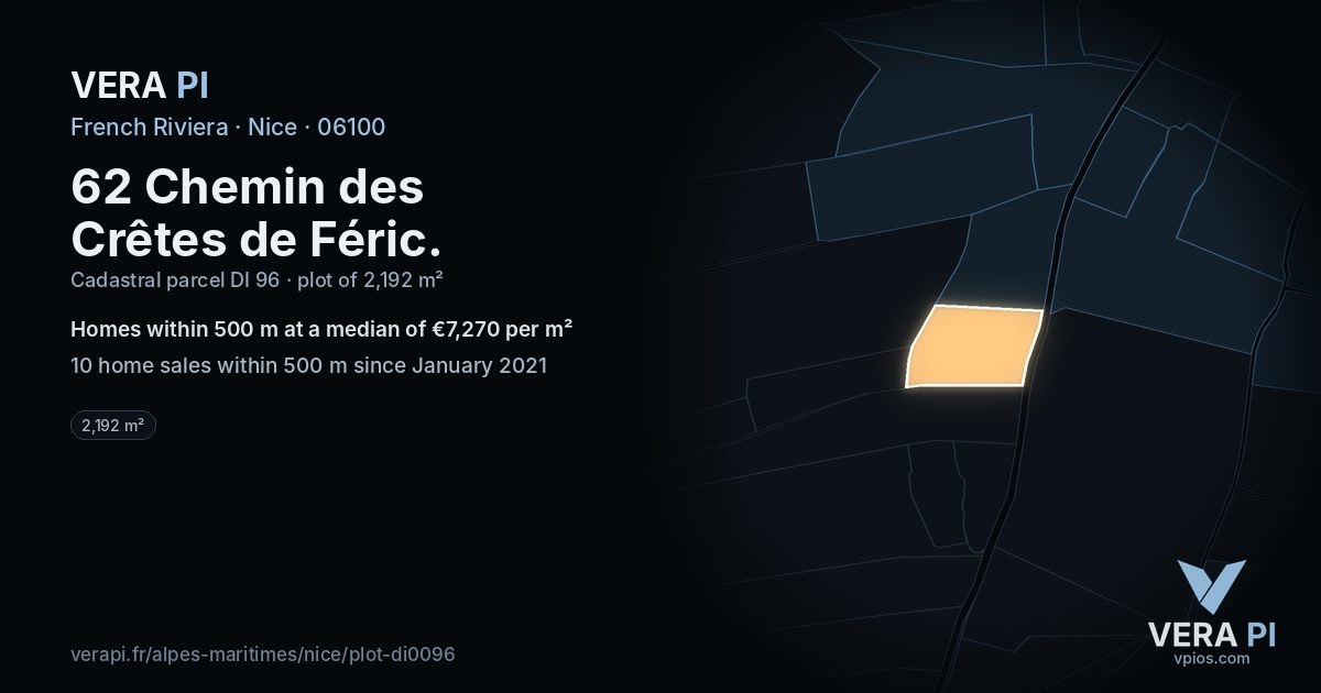 62 Chemin des Crêtes de Féric, Nice at night – the plot lit, the parcels around coloured by the prices near them