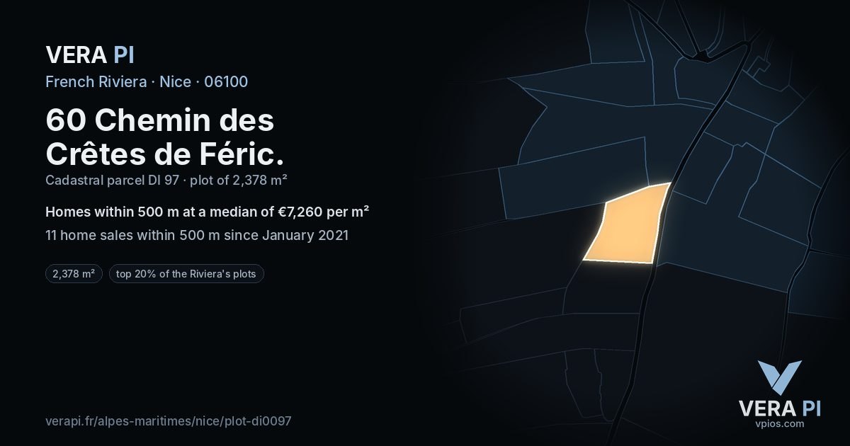 60 Chemin des Crêtes de Féric, Nice at night – the plot lit, the parcels around coloured by the prices near them