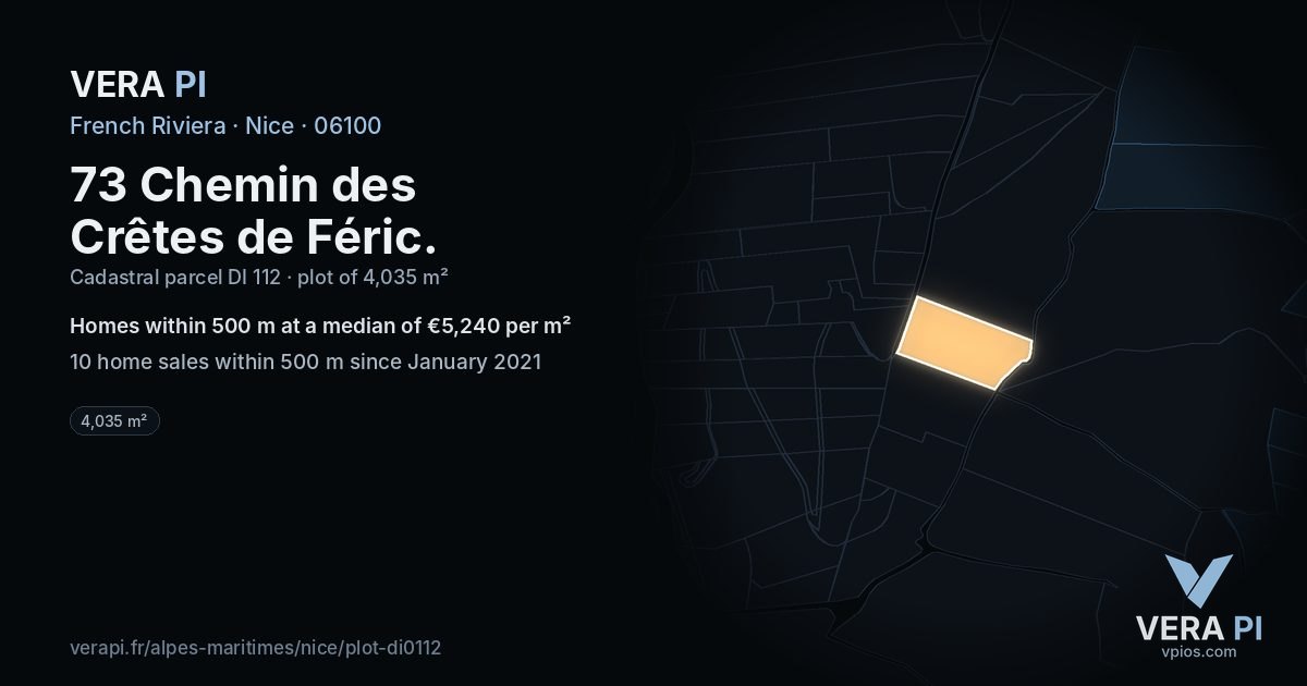 73 Chemin des Crêtes de Féric, Nice at night – the plot lit, the parcels around coloured by the prices near them