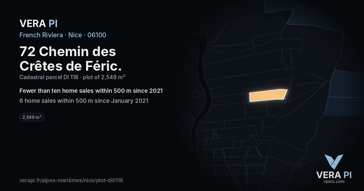 72 Chemin des Crêtes de Féric, Nice at night – the plot lit, the parcels around coloured by the prices near them