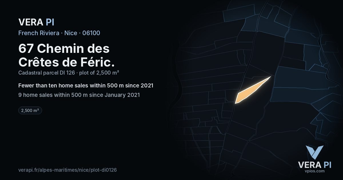 67 Chemin des Crêtes de Féric, Nice at night – the plot lit, the parcels around coloured by the prices near them