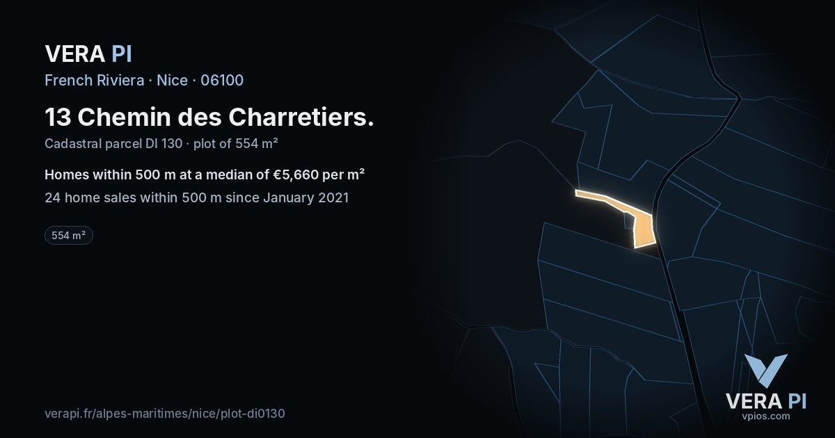 13 Chemin des Charretiers, Nice at night – the plot lit, the parcels around coloured by the prices near them