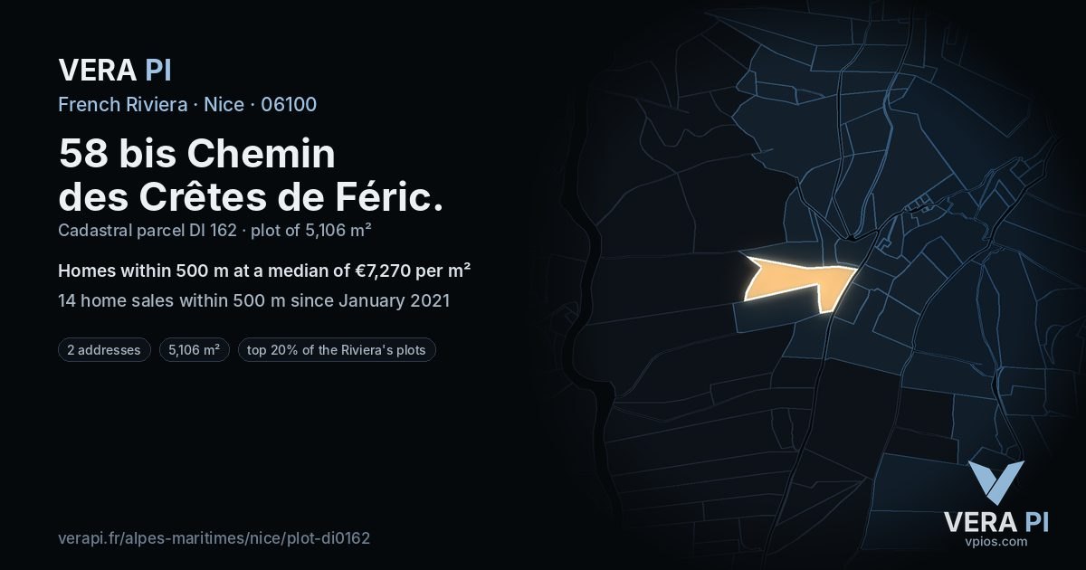 58 bis Chemin des Crêtes de Féric, Nice at night – the plot lit, the parcels around coloured by the prices near them