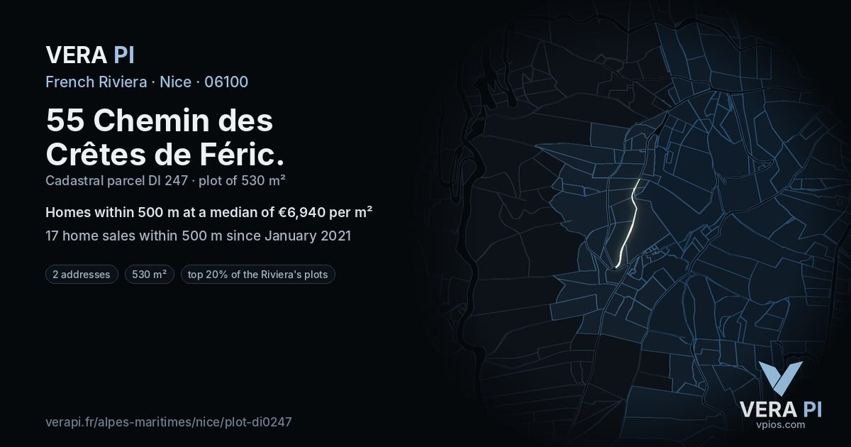 55 Chemin des Crêtes de Féric, Nice at night – the plot lit, the parcels around coloured by the prices near them