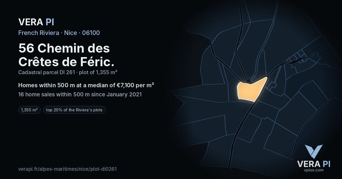 56 Chemin des Crêtes de Féric, Nice at night – the plot lit, the parcels around coloured by the prices near them