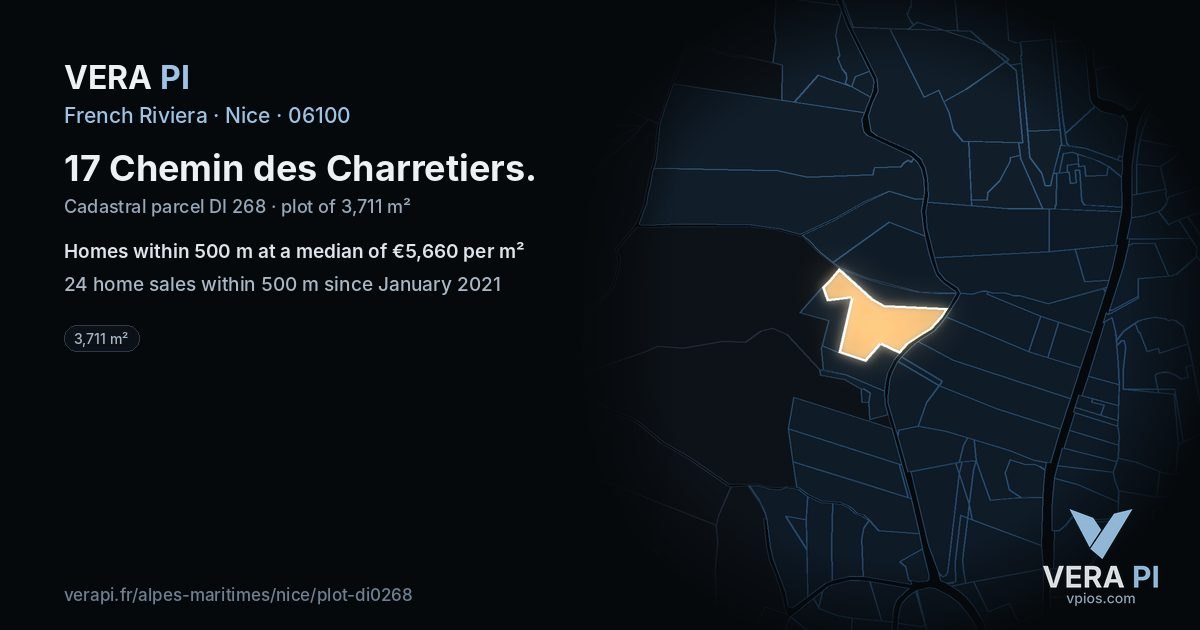 17 Chemin des Charretiers, Nice at night – the plot lit, the parcels around coloured by the prices near them