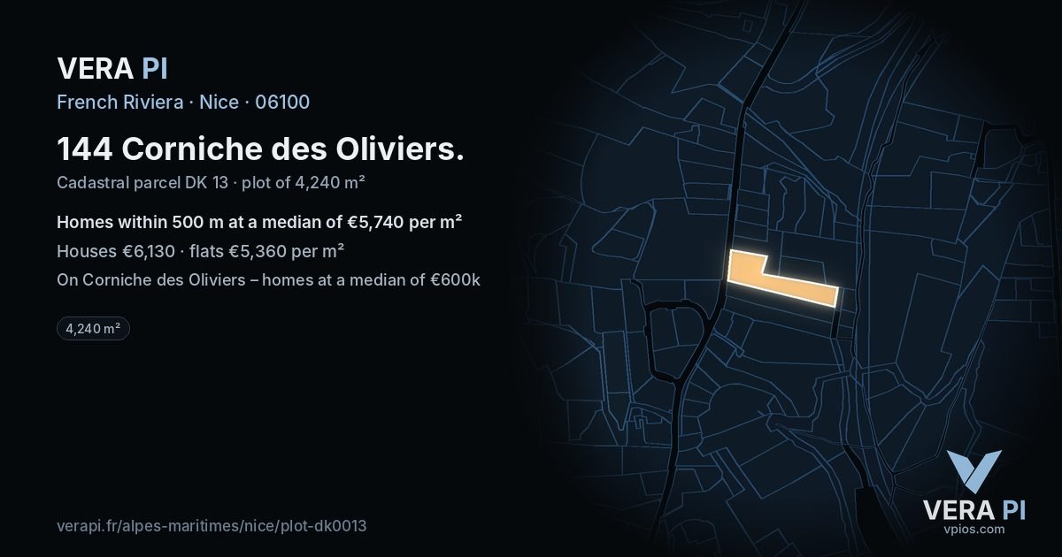 144 Corniche des Oliviers, Nice at night – the plot lit, the parcels around coloured by the prices near them