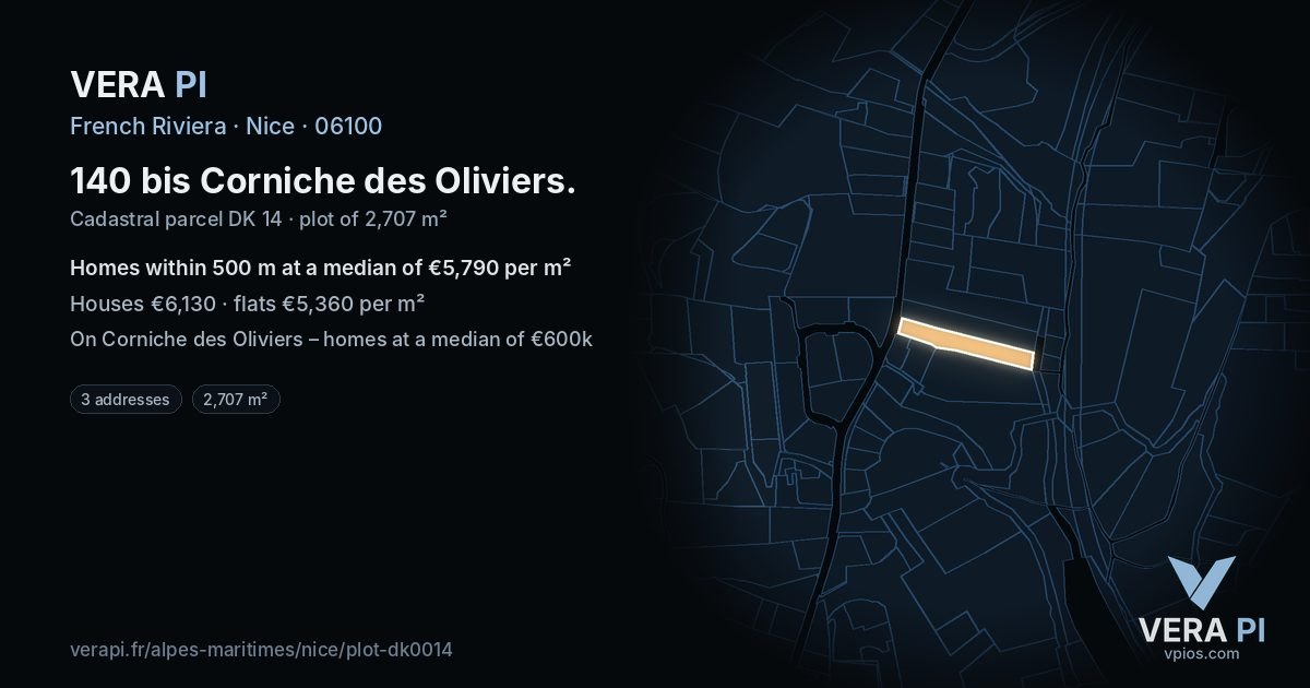 140 bis Corniche des Oliviers, Nice at night – the plot lit, the parcels around coloured by the prices near them