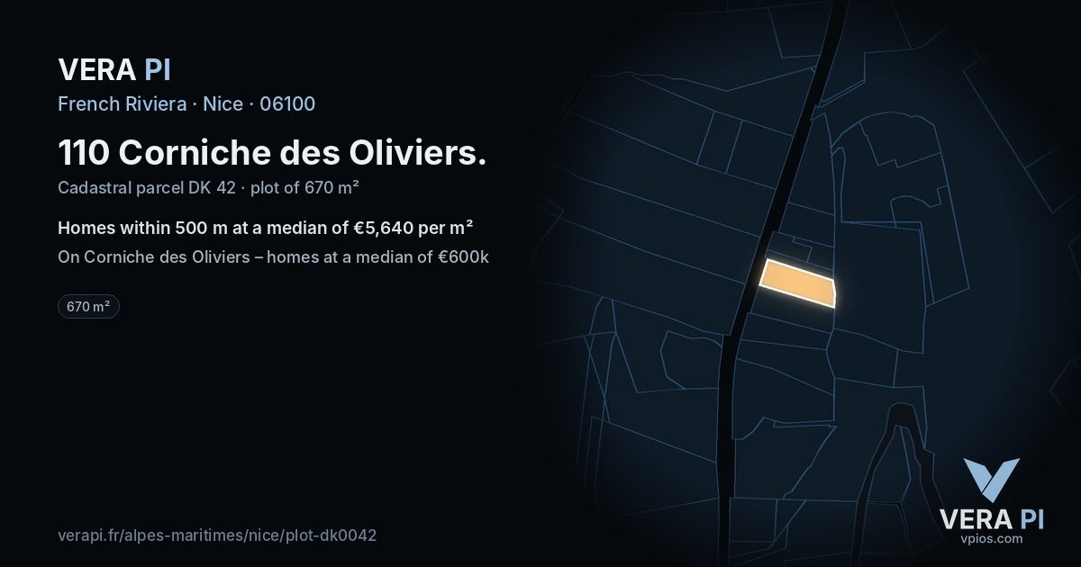 110 Corniche des Oliviers, Nice at night – the plot lit, the parcels around coloured by the prices near them
