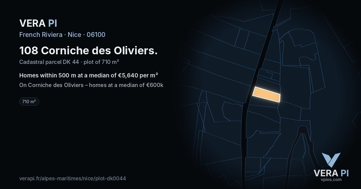 108 Corniche des Oliviers, Nice at night – the plot lit, the parcels around coloured by the prices near them
