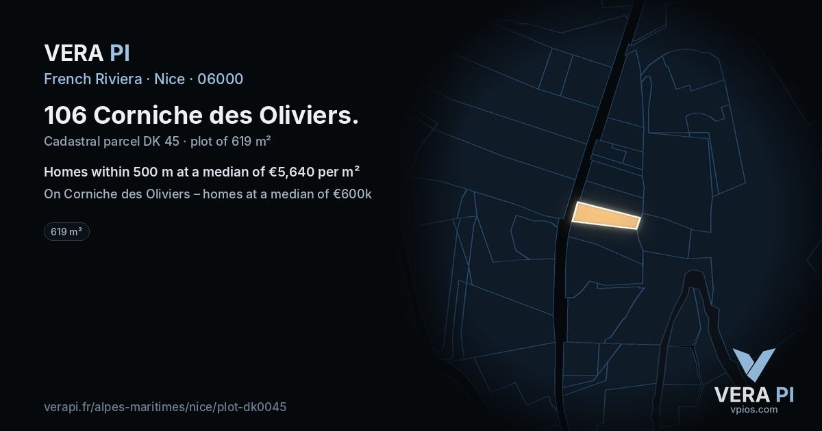 106 Corniche des Oliviers, Nice at night – the plot lit, the parcels around coloured by the prices near them