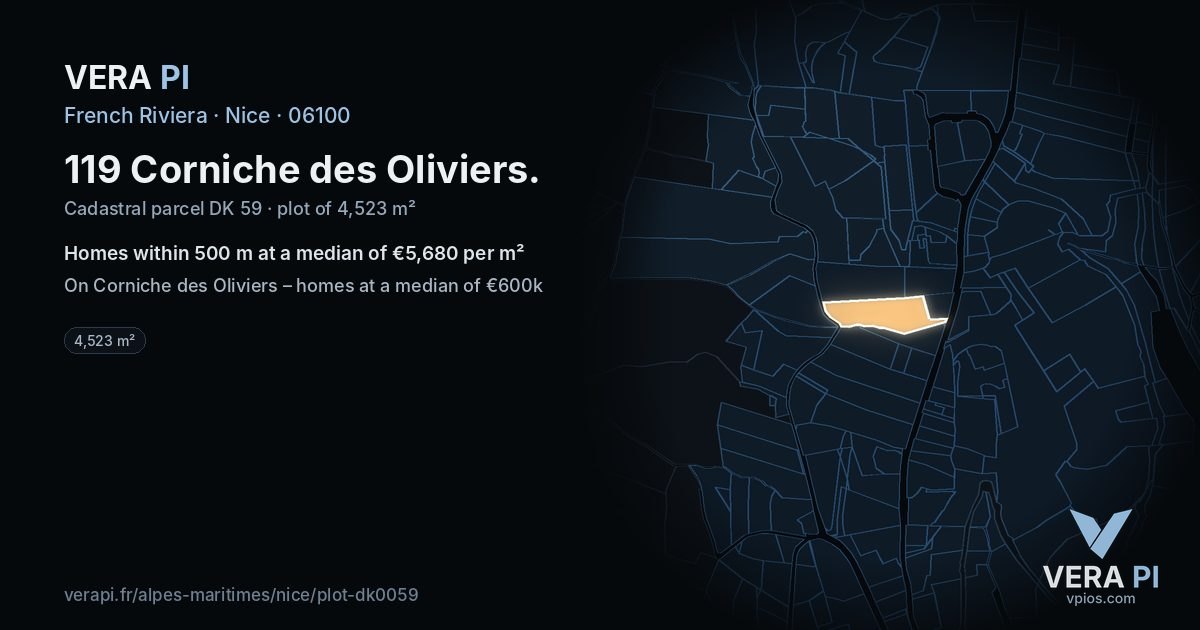119 Corniche des Oliviers, Nice at night – the plot lit, the parcels around coloured by the prices near them