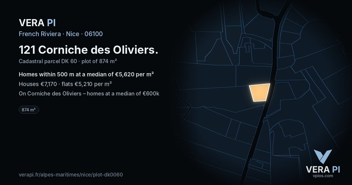 121 Corniche des Oliviers, Nice at night – the plot lit, the parcels around coloured by the prices near them