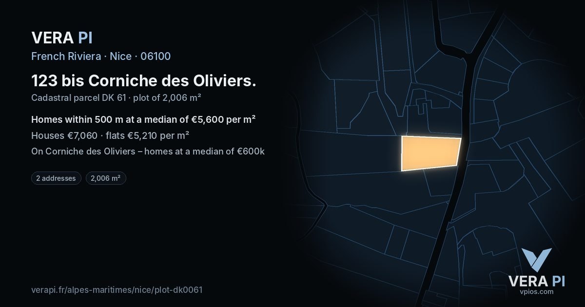 123 bis Corniche des Oliviers, Nice at night – the plot lit, the parcels around coloured by the prices near them