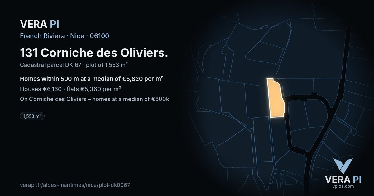 131 Corniche des Oliviers, Nice at night – the plot lit, the parcels around coloured by the prices near them