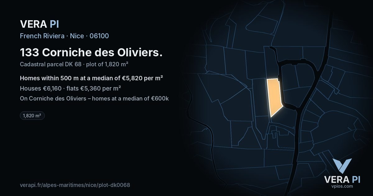 133 Corniche des Oliviers, Nice at night – the plot lit, the parcels around coloured by the prices near them