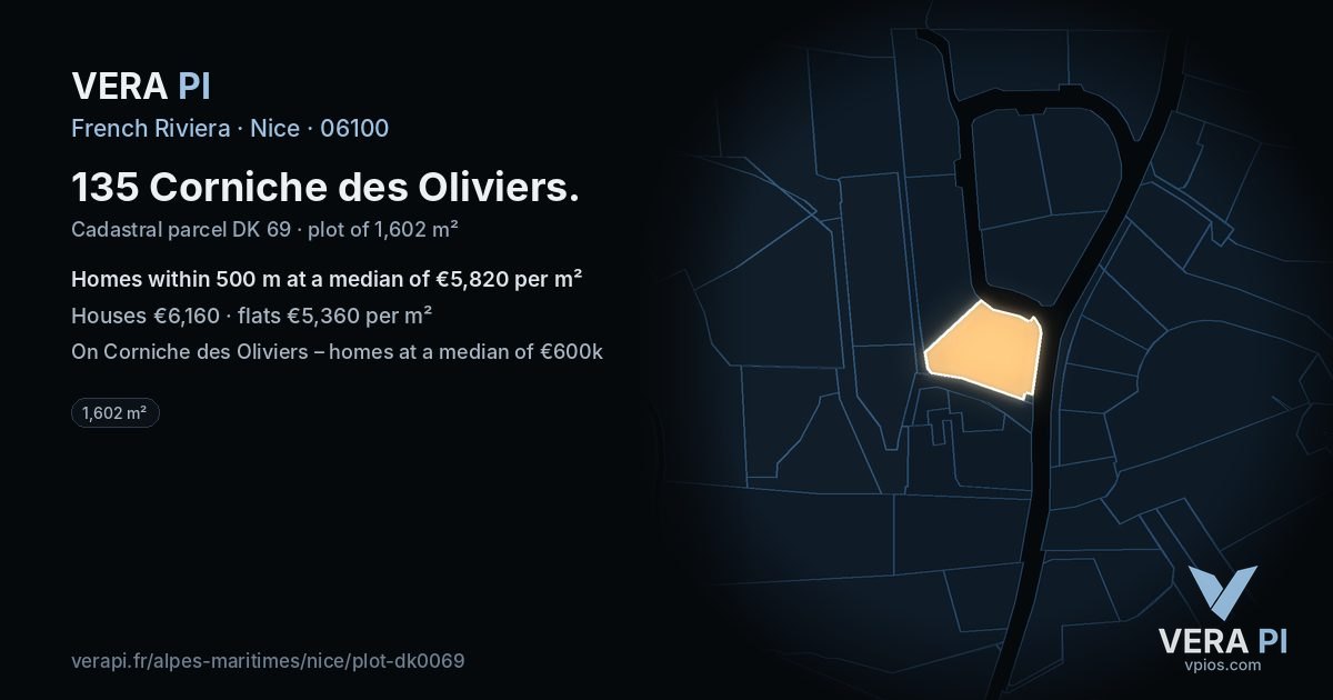 135 Corniche des Oliviers, Nice at night – the plot lit, the parcels around coloured by the prices near them