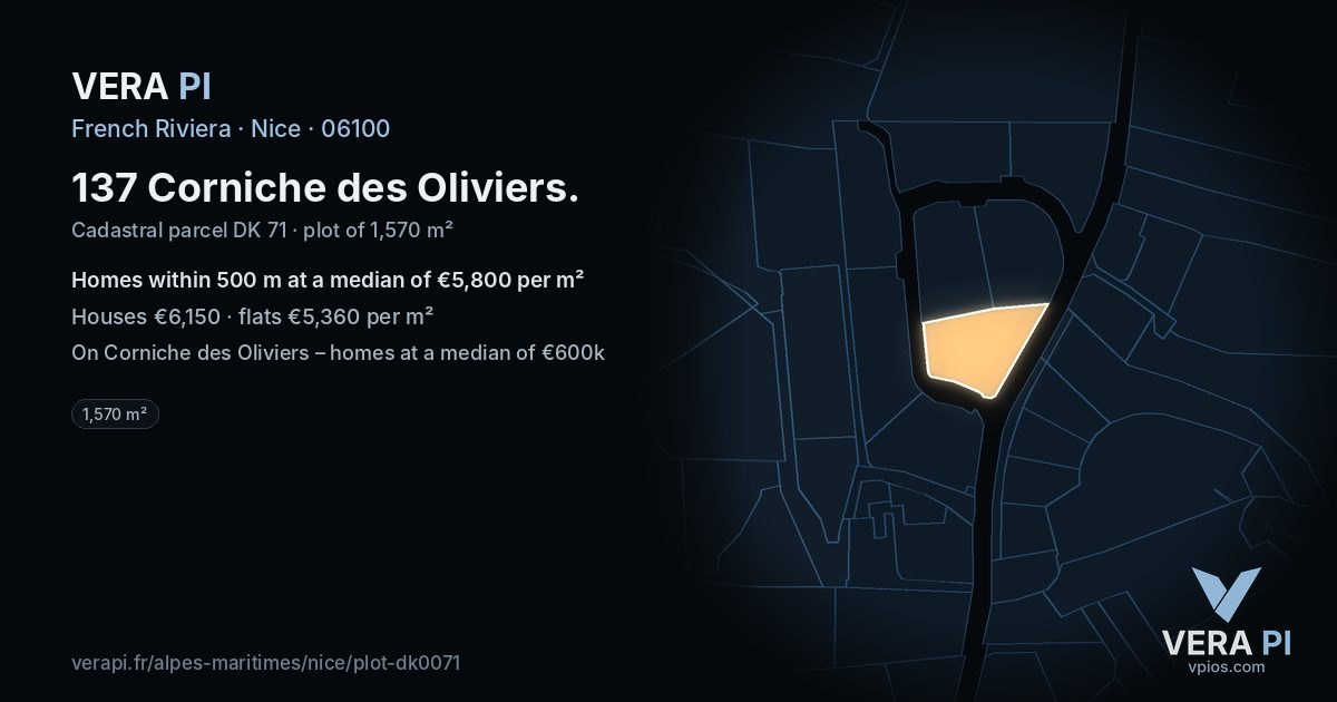 137 Corniche des Oliviers, Nice at night – the plot lit, the parcels around coloured by the prices near them