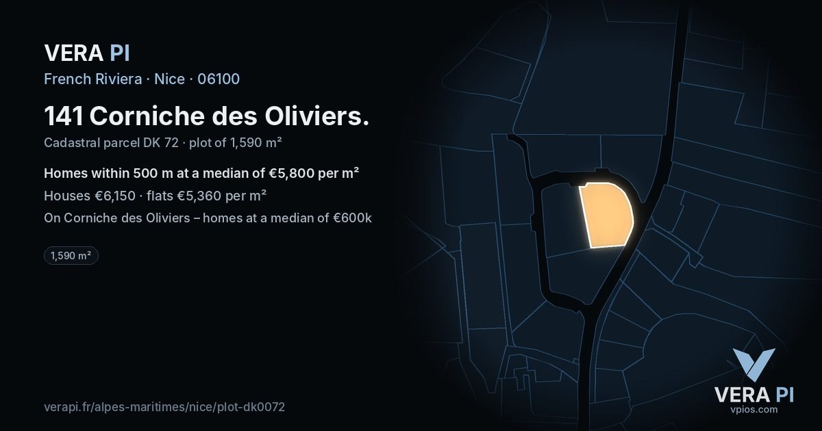 141 Corniche des Oliviers, Nice at night – the plot lit, the parcels around coloured by the prices near them