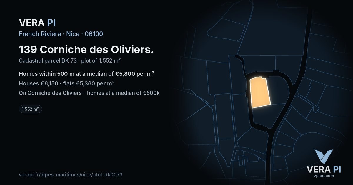 139 Corniche des Oliviers, Nice at night – the plot lit, the parcels around coloured by the prices near them