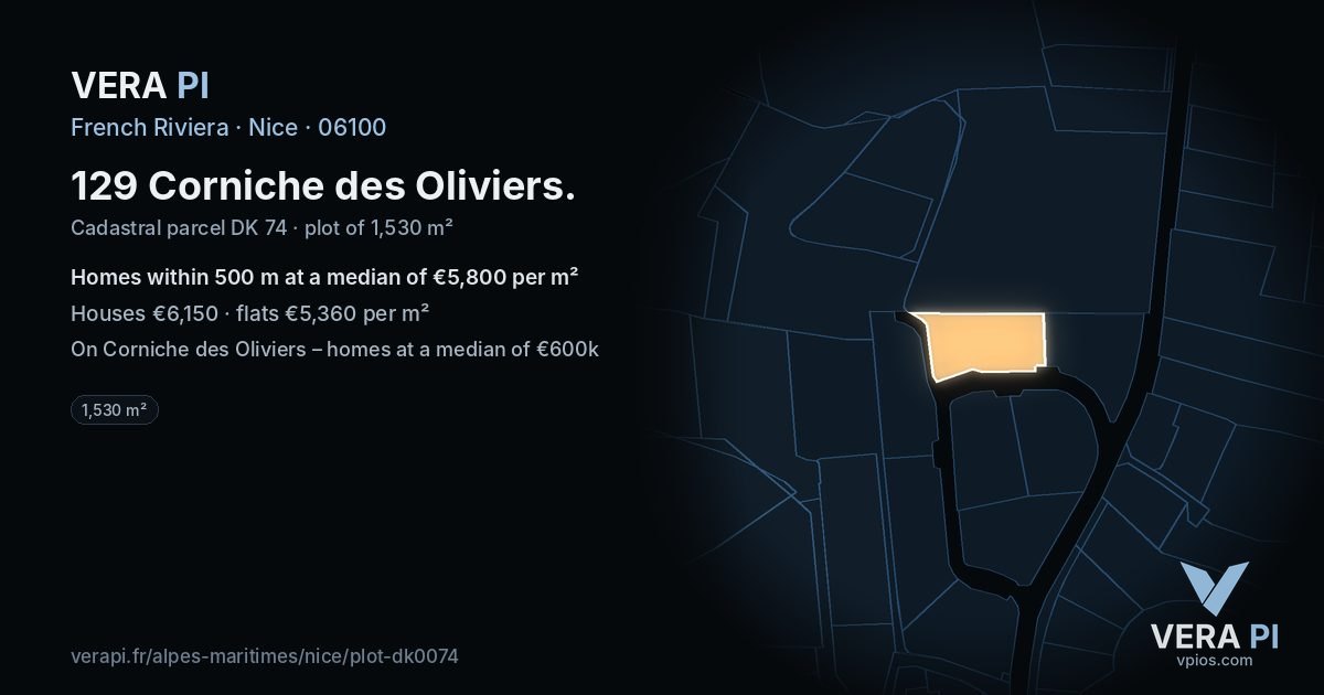 129 Corniche des Oliviers, Nice at night – the plot lit, the parcels around coloured by the prices near them