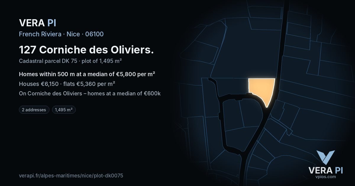 127 Corniche des Oliviers, Nice at night – the plot lit, the parcels around coloured by the prices near them