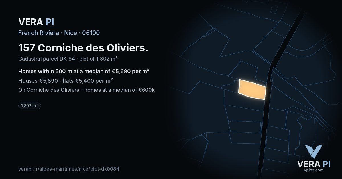 157 Corniche des Oliviers, Nice at night – the plot lit, the parcels around coloured by the prices near them