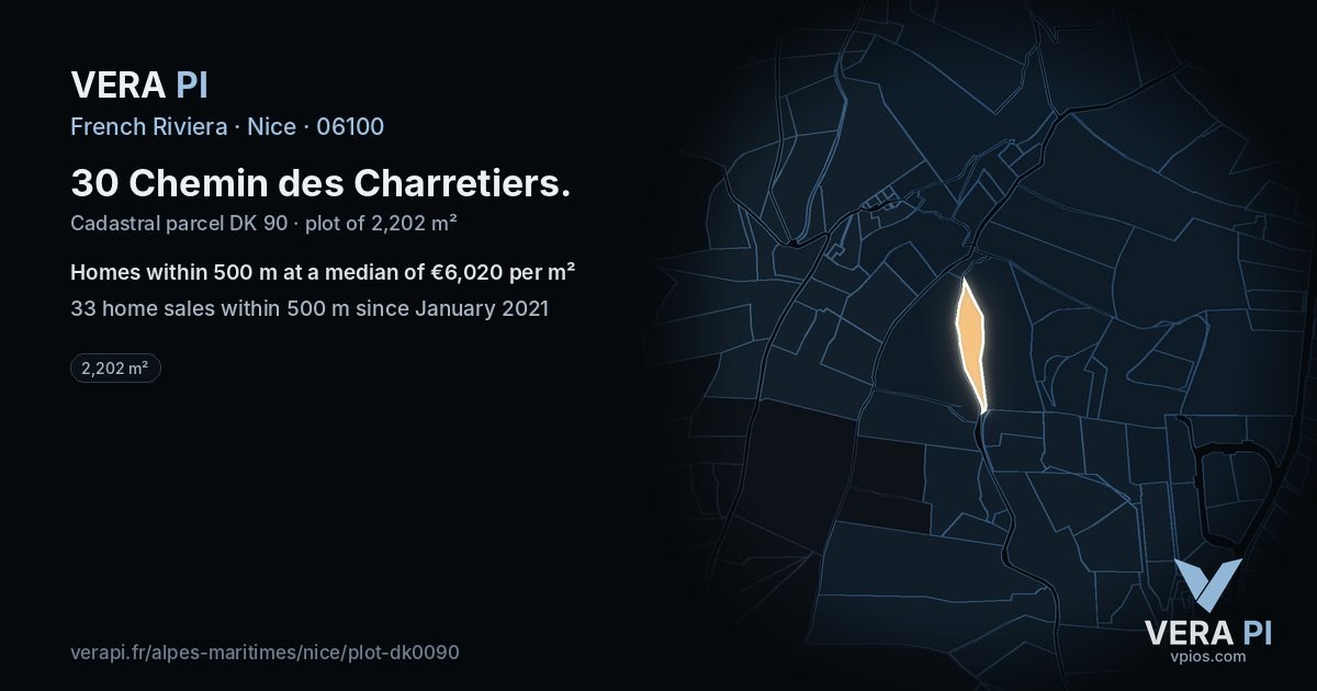 30 Chemin des Charretiers, Nice at night – the plot lit, the parcels around coloured by the prices near them