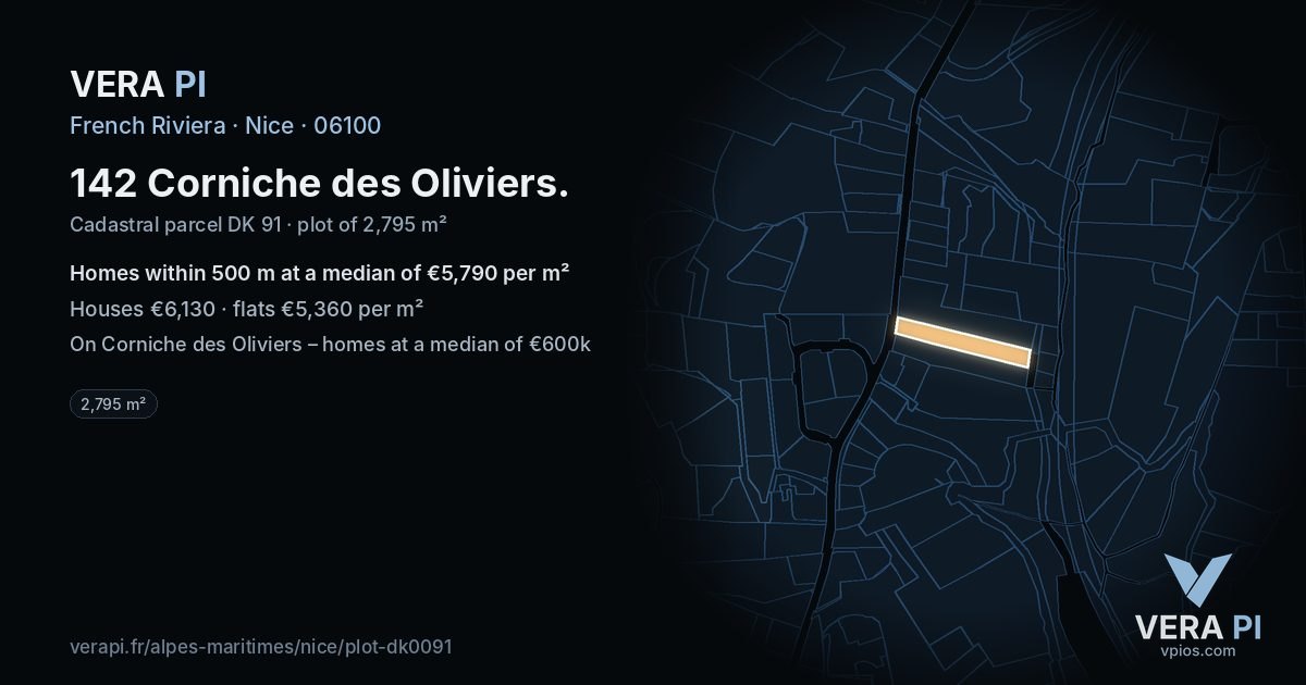142 Corniche des Oliviers, Nice at night – the plot lit, the parcels around coloured by the prices near them
