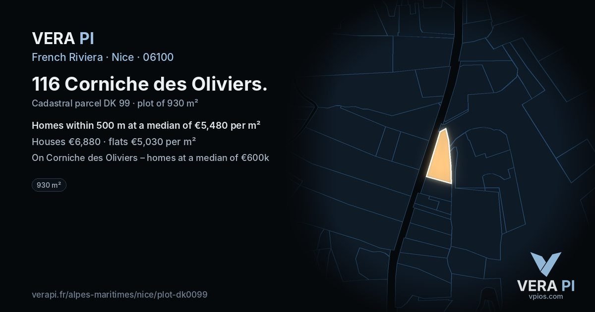 116 Corniche des Oliviers, Nice at night – the plot lit, the parcels around coloured by the prices near them