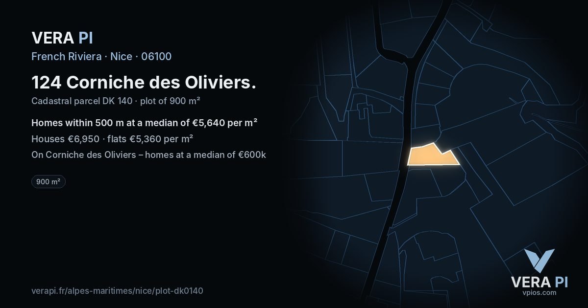 124 Corniche des Oliviers, Nice at night – the plot lit, the parcels around coloured by the prices near them