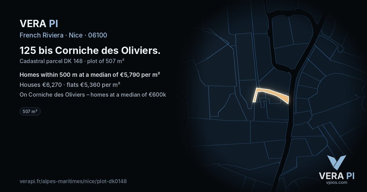 125 bis Corniche des Oliviers, Nice at night – the plot lit, the parcels around coloured by the prices near them