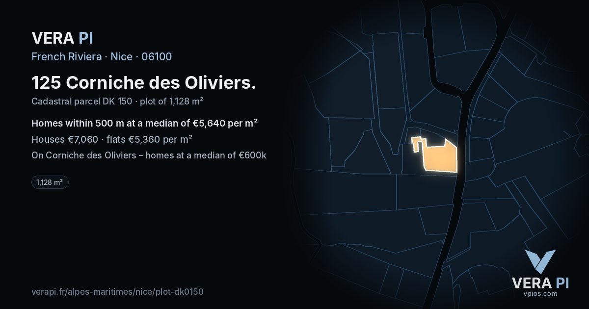 125 Corniche des Oliviers, Nice at night – the plot lit, the parcels around coloured by the prices near them