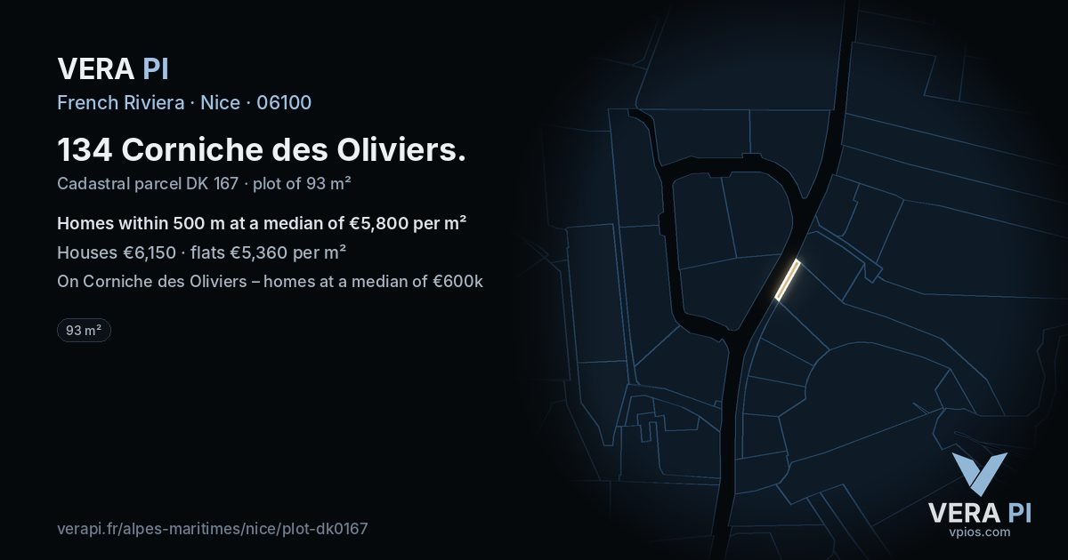 134 Corniche des Oliviers, Nice at night – the plot lit, the parcels around coloured by the prices near them