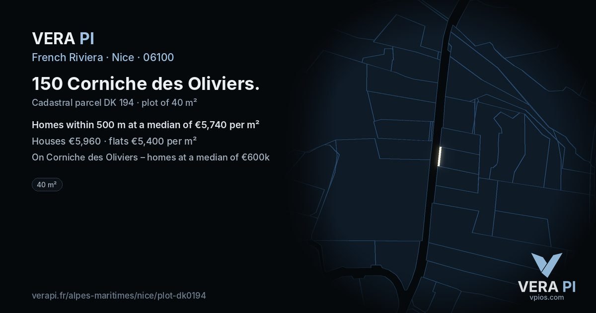 150 Corniche des Oliviers, Nice at night – the plot lit, the parcels around coloured by the prices near them