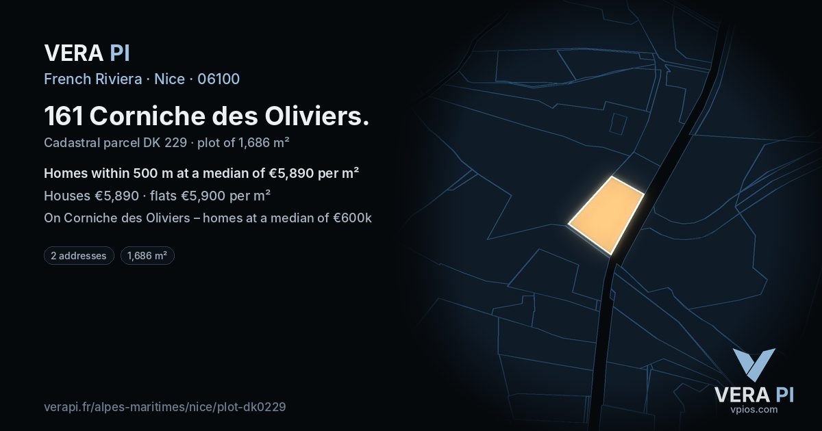 161 Corniche des Oliviers, Nice at night – the plot lit, the parcels around coloured by the prices near them