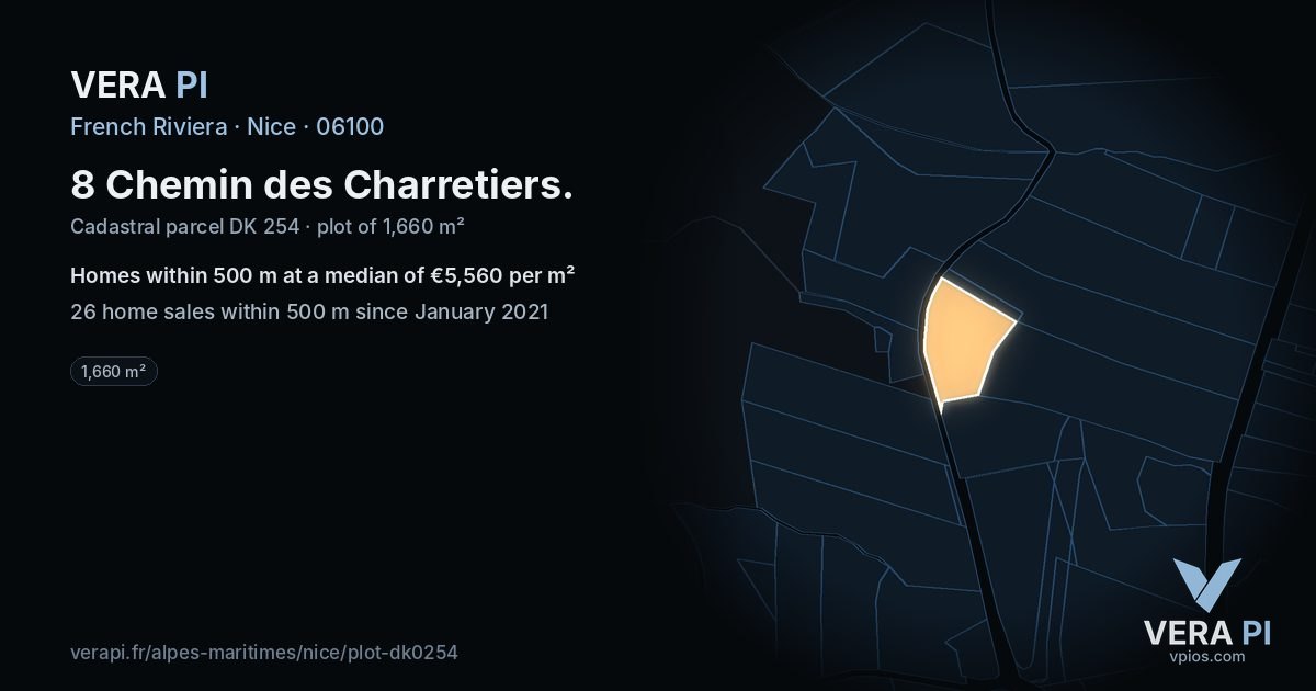 8 Chemin des Charretiers, Nice at night – the plot lit, the parcels around coloured by the prices near them