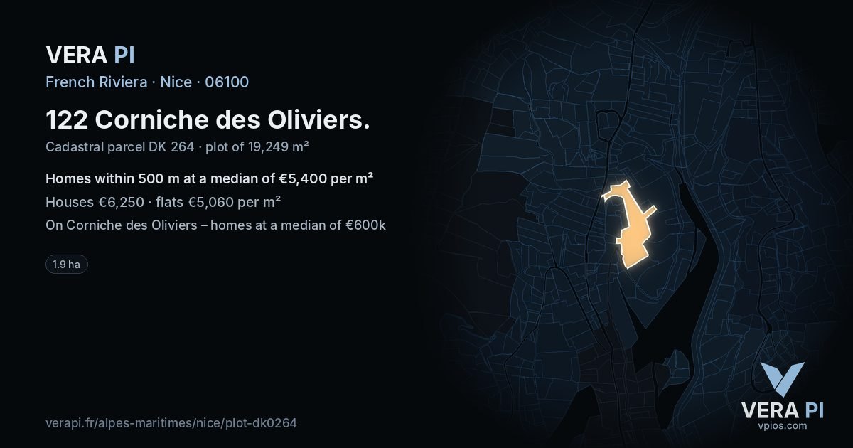 122 Corniche des Oliviers, Nice at night – the plot lit, the parcels around coloured by the prices near them