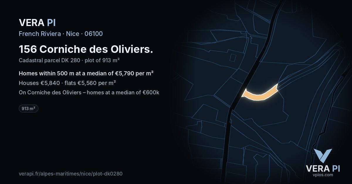 156 Corniche des Oliviers, Nice at night – the plot lit, the parcels around coloured by the prices near them